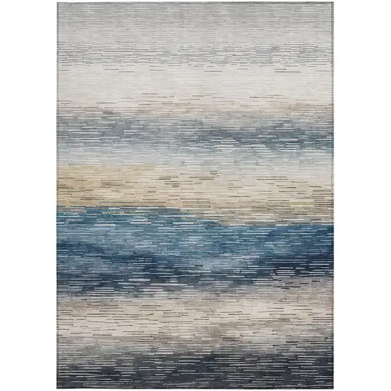 Blue And Linen Striped Washable Indoor Outdoor Area Rug Photo 3