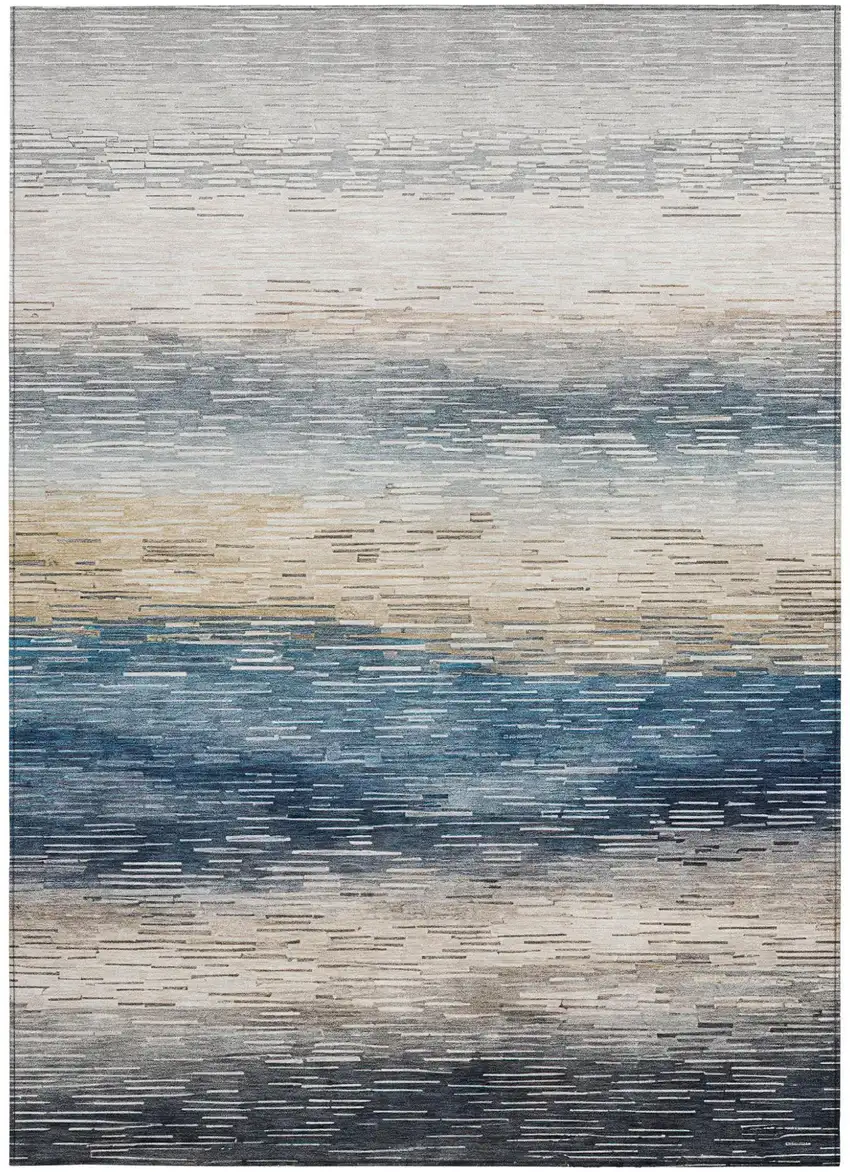 Blue And Linen Striped Washable Indoor Outdoor Area Rug Photo 3