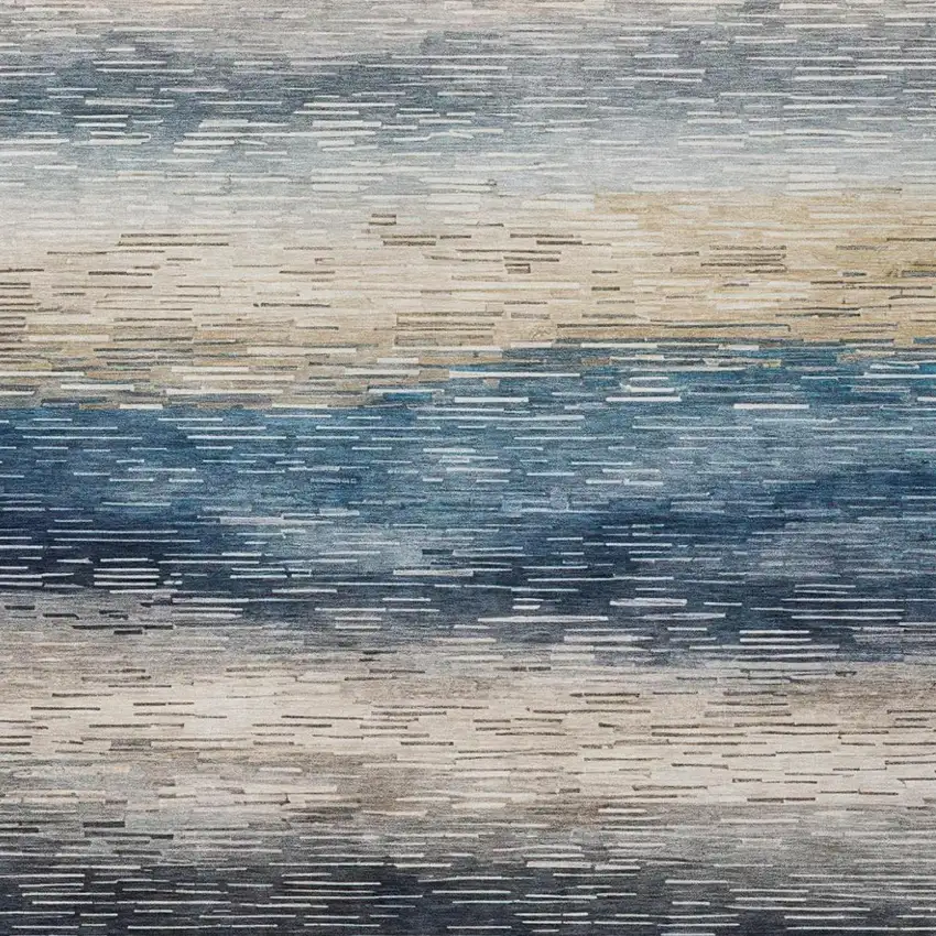 Blue And Linen Striped Washable Indoor Outdoor Area Rug Photo 2