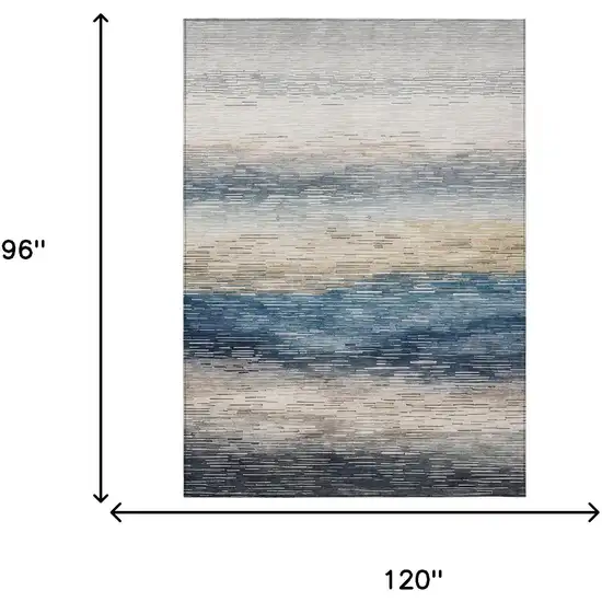 Blue And Linen Striped Washable Indoor Outdoor Area Rug Photo 6