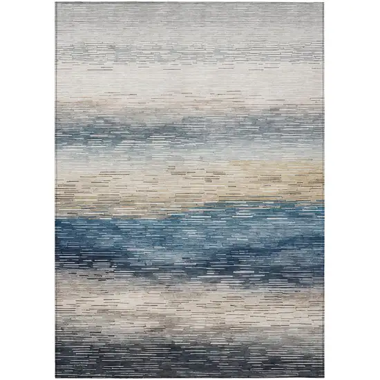 Blue And Linen Striped Washable Indoor Outdoor Area Rug Photo 1