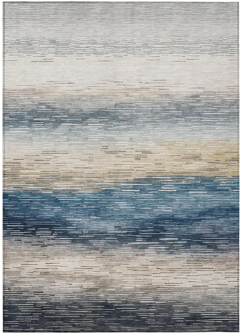 Blue And Linen Striped Washable Indoor Outdoor Area Rug Photo 1