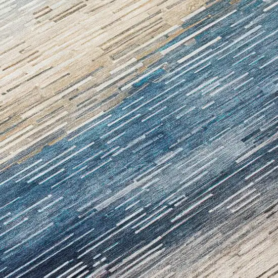 Blue And Linen Striped Washable Indoor Outdoor Area Rug Photo 5