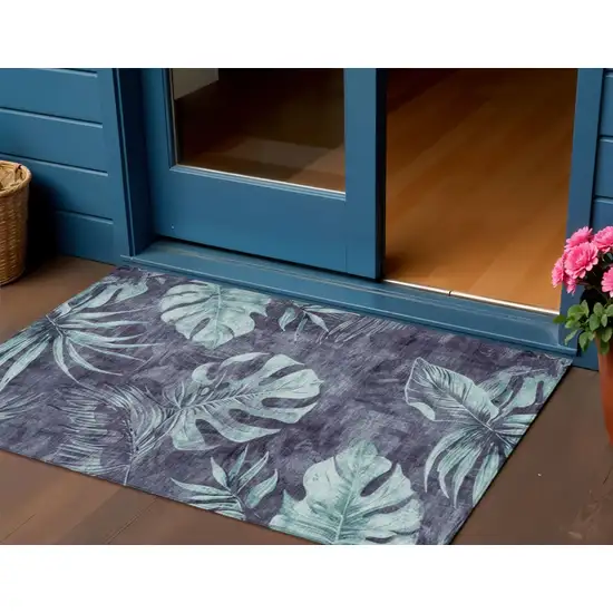 Blue And Mint Green Floral Washable Indoor Outdoor Area Rug Photo 2