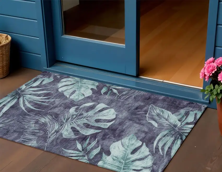 Blue And Mint Green Floral Washable Indoor Outdoor Area Rug Photo 2