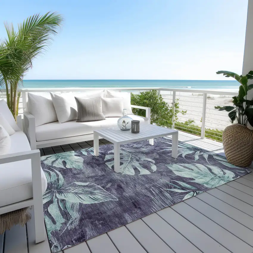 Blue And Mint Green Floral Washable Indoor Outdoor Area Rug Photo 4