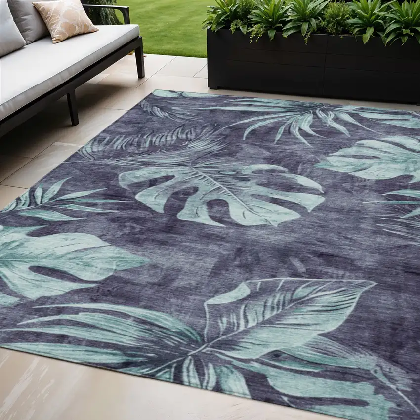 Blue And Mint Green Floral Washable Indoor Outdoor Area Rug Photo 2