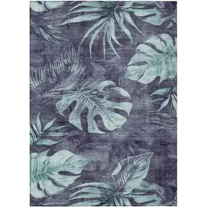 Photo of Blue And Mint Green Floral Washable Indoor Outdoor Area Rug
