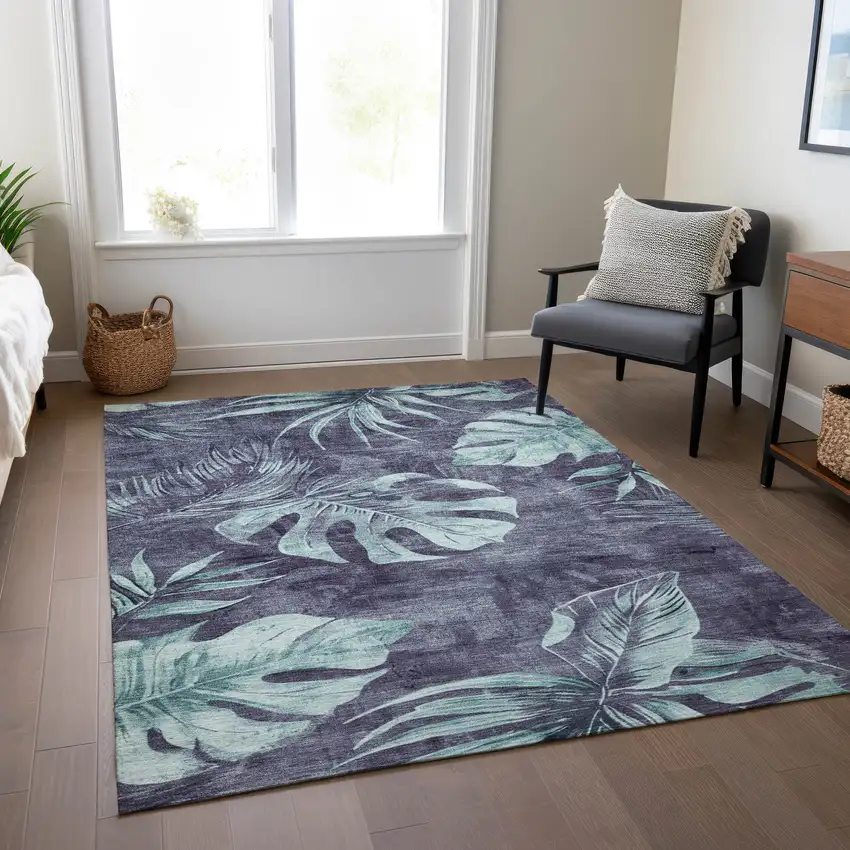 Blue And Mint Green Floral Washable Indoor Outdoor Area Rug Photo 6
