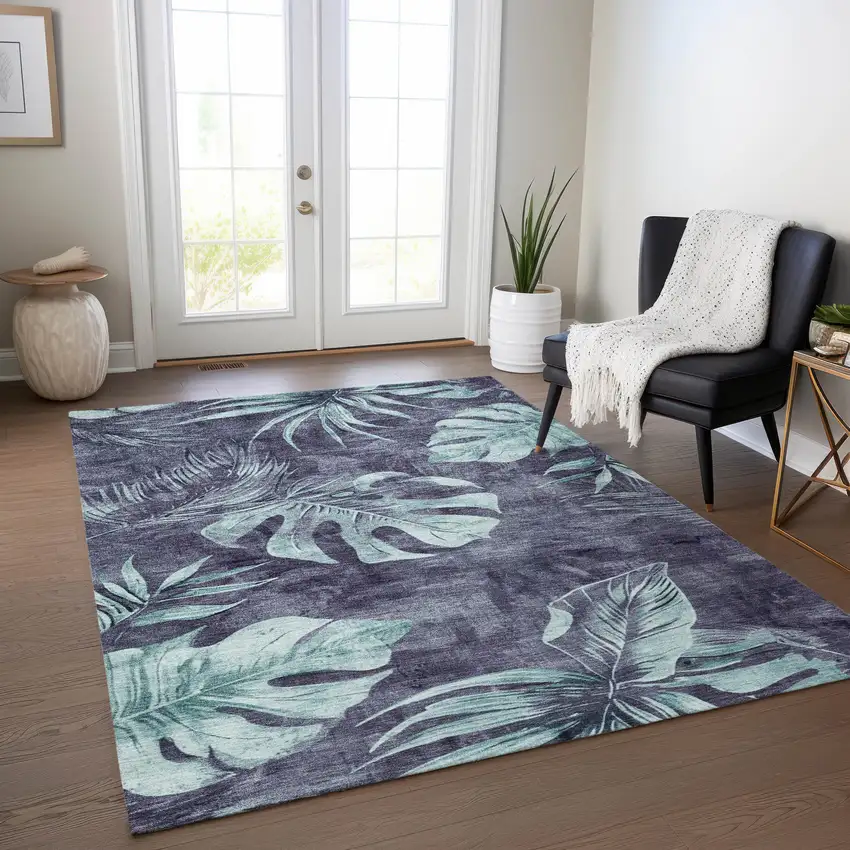 Blue And Mint Green Floral Washable Indoor Outdoor Area Rug Photo 6