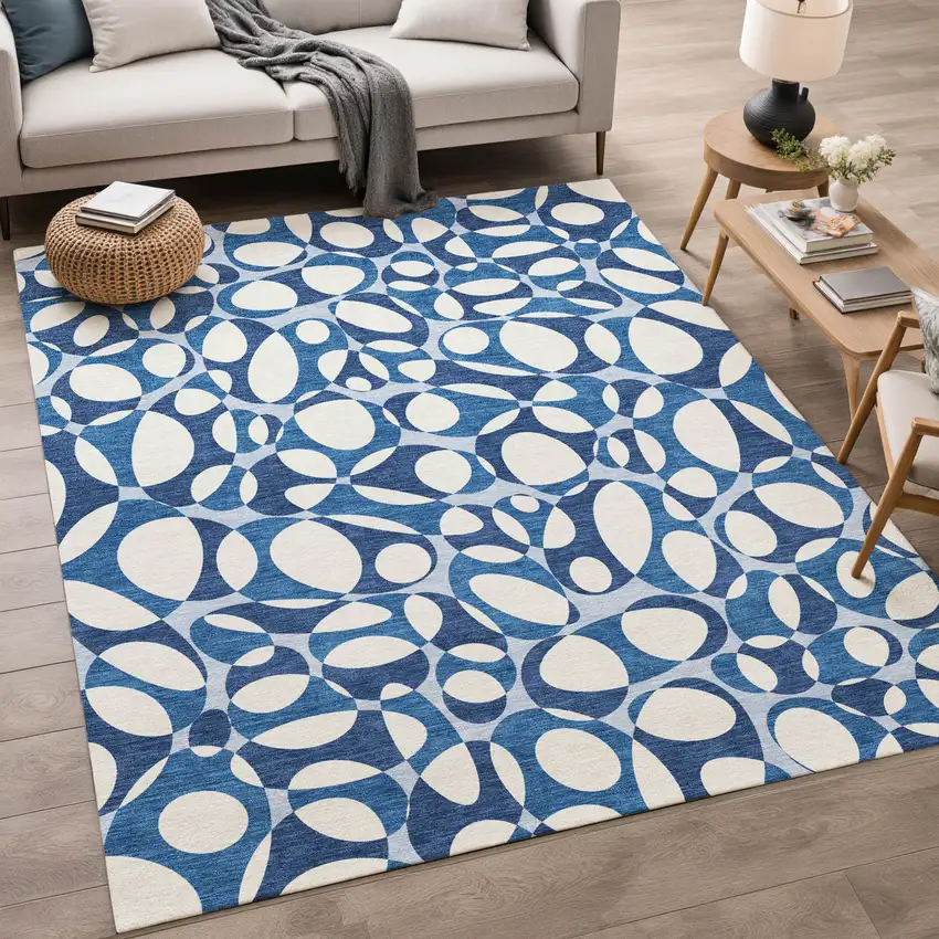 Blue And Navy Blue Abstract Washable Indoor Outdoor Area Rug Photo 5