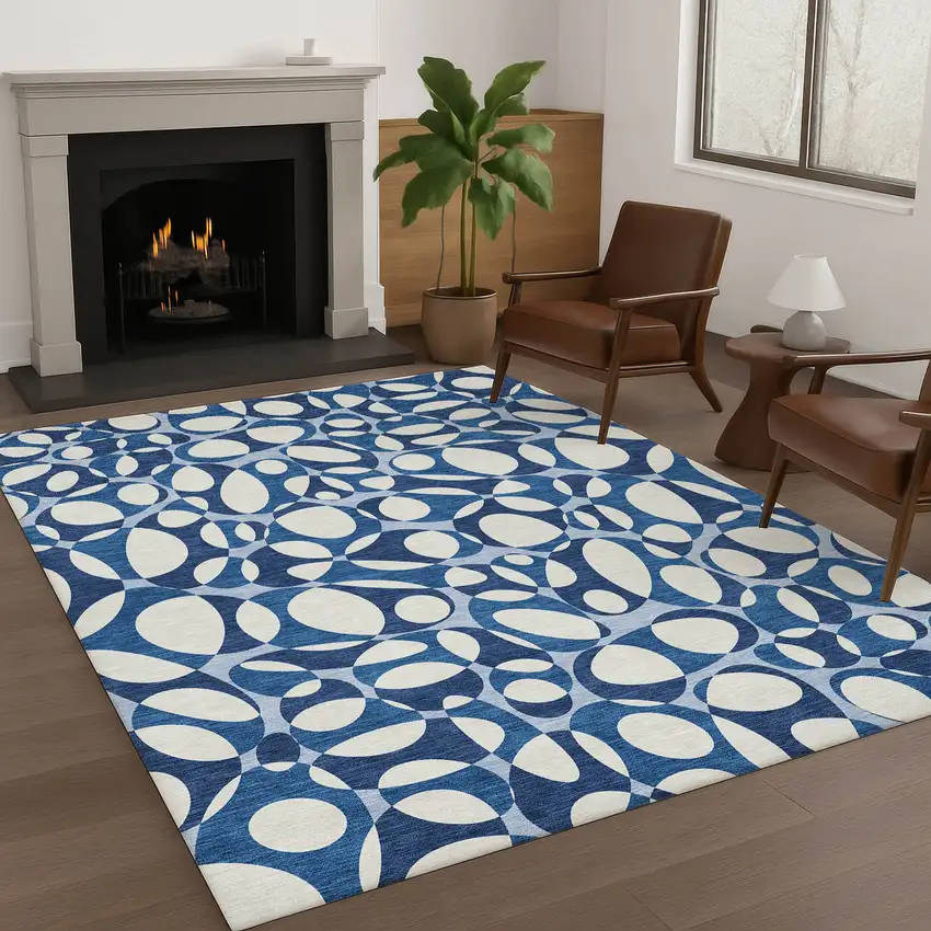 Blue And Navy Blue Abstract Washable Indoor Outdoor Area Rug Photo 6