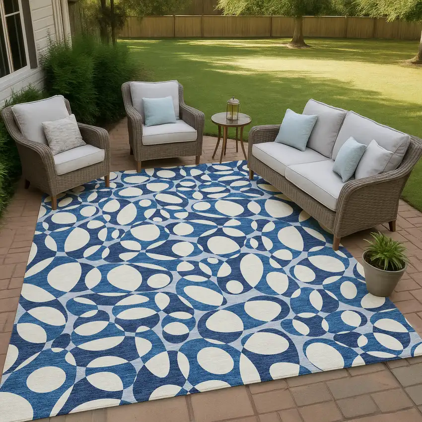 Blue And Navy Blue Abstract Washable Indoor Outdoor Area Rug Photo 4