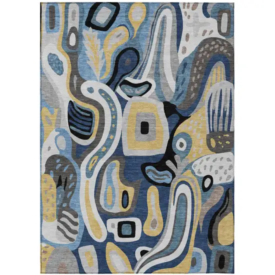 Blue And Navy Blue Abstract Washable Indoor Outdoor Area Rug Photo 2