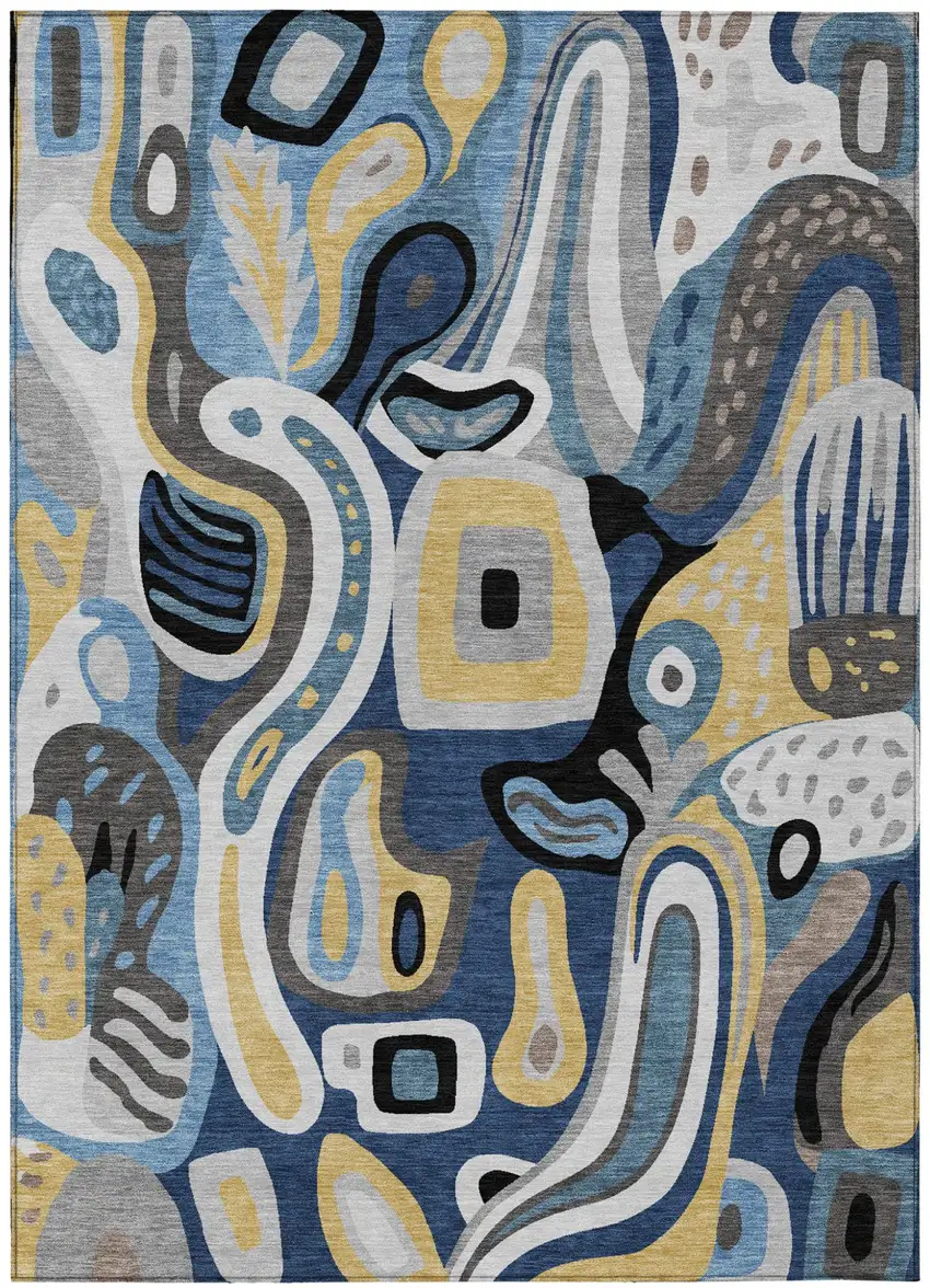 Blue And Navy Blue Abstract Washable Indoor Outdoor Area Rug Photo 2