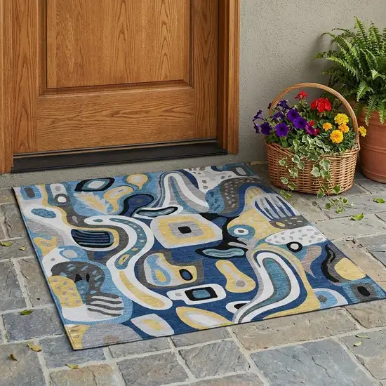 Blue And Navy Blue Abstract Washable Indoor Outdoor Area Rug Photo 1
