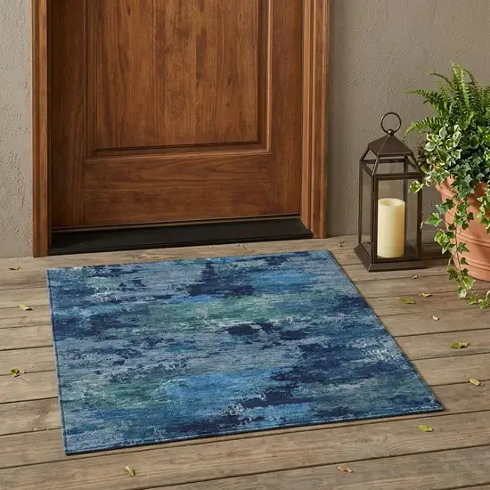 Blue And Navy Blue Abstract Washable Indoor Outdoor Area Rug Photo 1