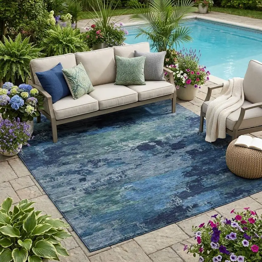 Blue And Navy Blue Abstract Washable Indoor Outdoor Area Rug Photo 1