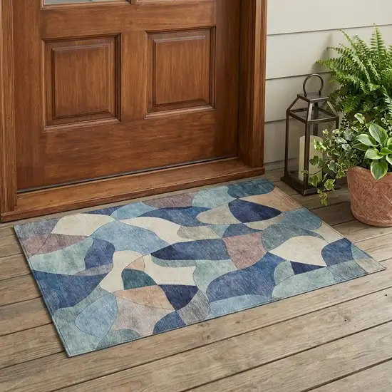 Blue And Navy Blue Abstract Washable Indoor Outdoor Area Rug Photo 1