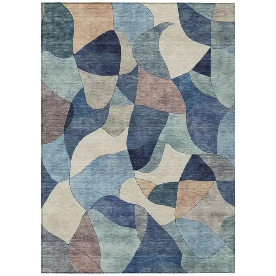 Blue And Navy Blue Abstract Washable Indoor Outdoor Area Rug Photo 2