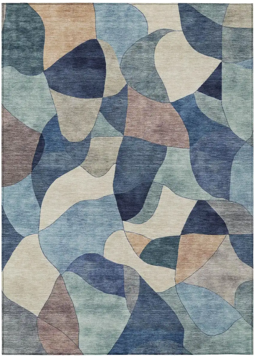 Blue And Navy Blue Abstract Washable Indoor Outdoor Area Rug Photo 2
