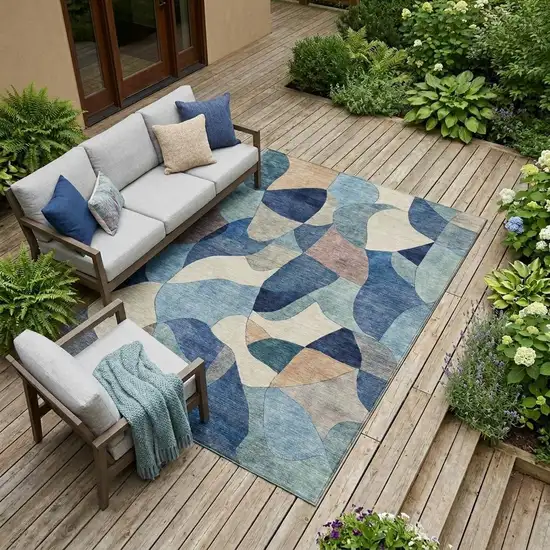Blue And Navy Blue Abstract Washable Indoor Outdoor Area Rug Photo 1