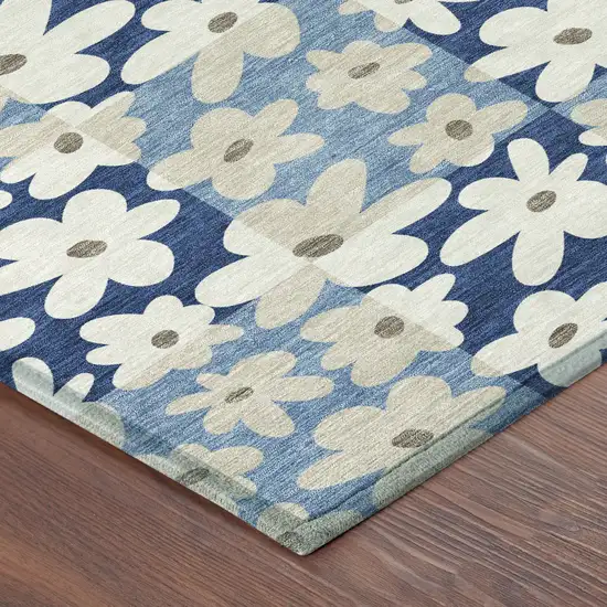 Blue And Navy Blue Floral Washable Indoor Outdoor Area Rug Photo 8