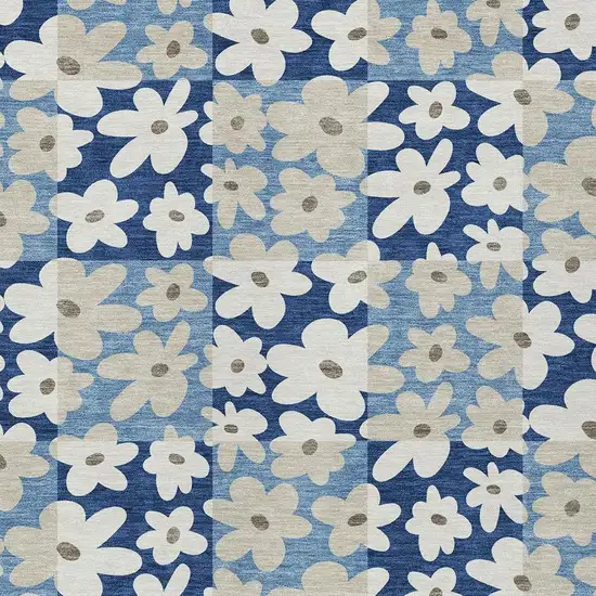Blue And Navy Blue Floral Washable Indoor Outdoor Area Rug Photo 2