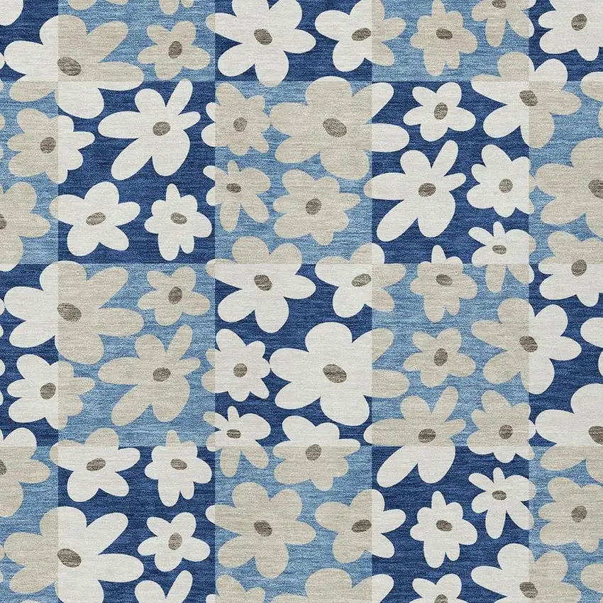 Blue And Navy Blue Floral Washable Indoor Outdoor Area Rug Photo 2