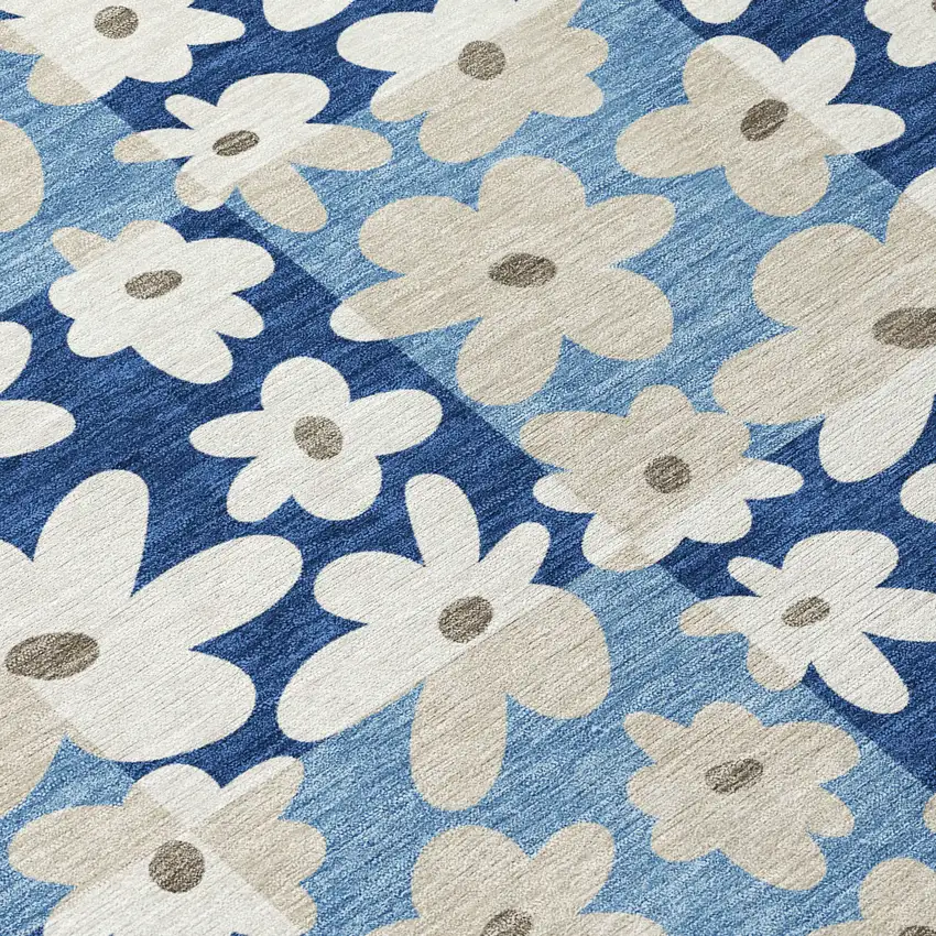 Blue And Navy Blue Floral Washable Indoor Outdoor Area Rug Photo 9