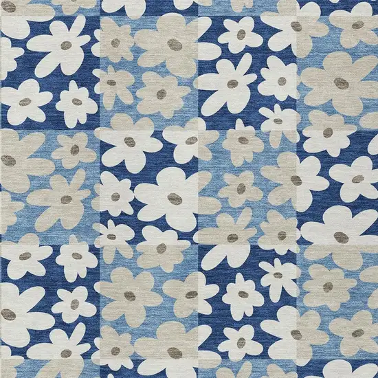 Blue And Navy Blue Floral Washable Indoor Outdoor Area Rug Photo 2