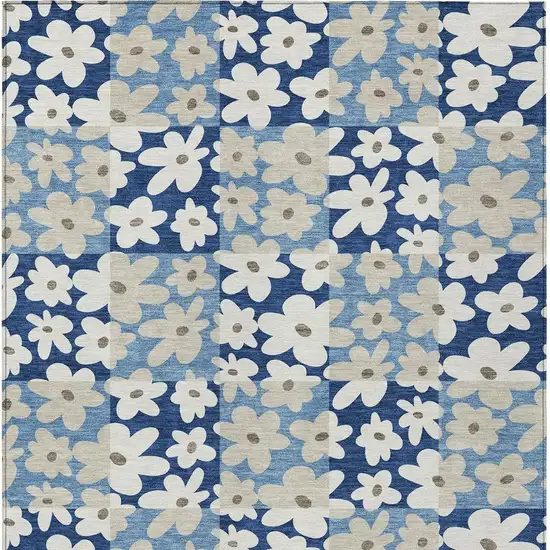 Blue And Navy Blue Floral Washable Indoor Outdoor Area Rug Photo 3