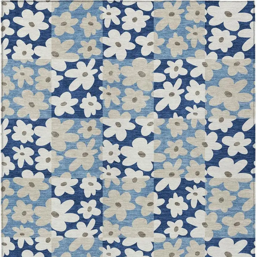 Blue And Navy Blue Floral Washable Indoor Outdoor Area Rug Photo 3