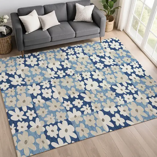 Blue And Navy Blue Floral Washable Indoor Outdoor Area Rug Photo 6