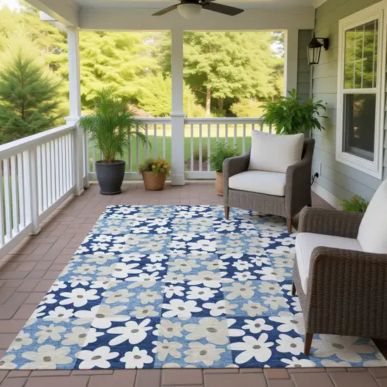 Blue And Navy Blue Floral Washable Indoor Outdoor Area Rug Photo 4