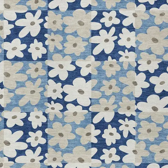 Blue And Navy Blue Floral Washable Indoor Outdoor Area Rug Photo 2
