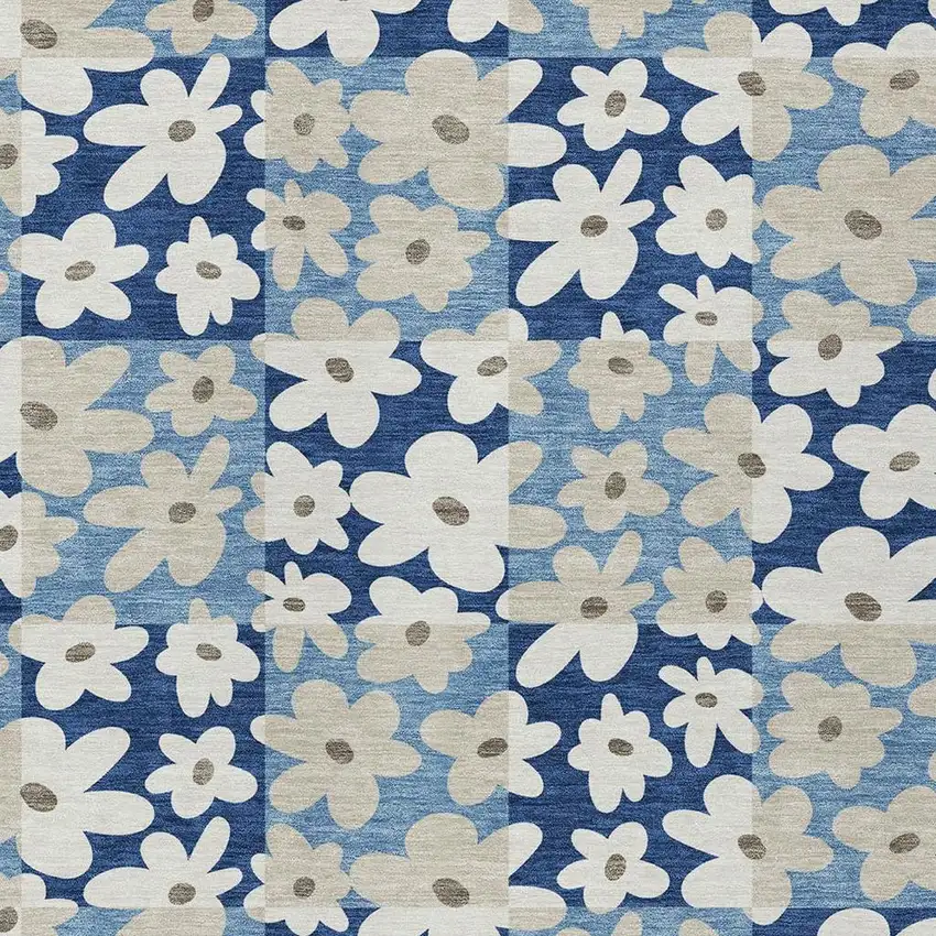 Blue And Navy Blue Floral Washable Indoor Outdoor Area Rug Photo 2
