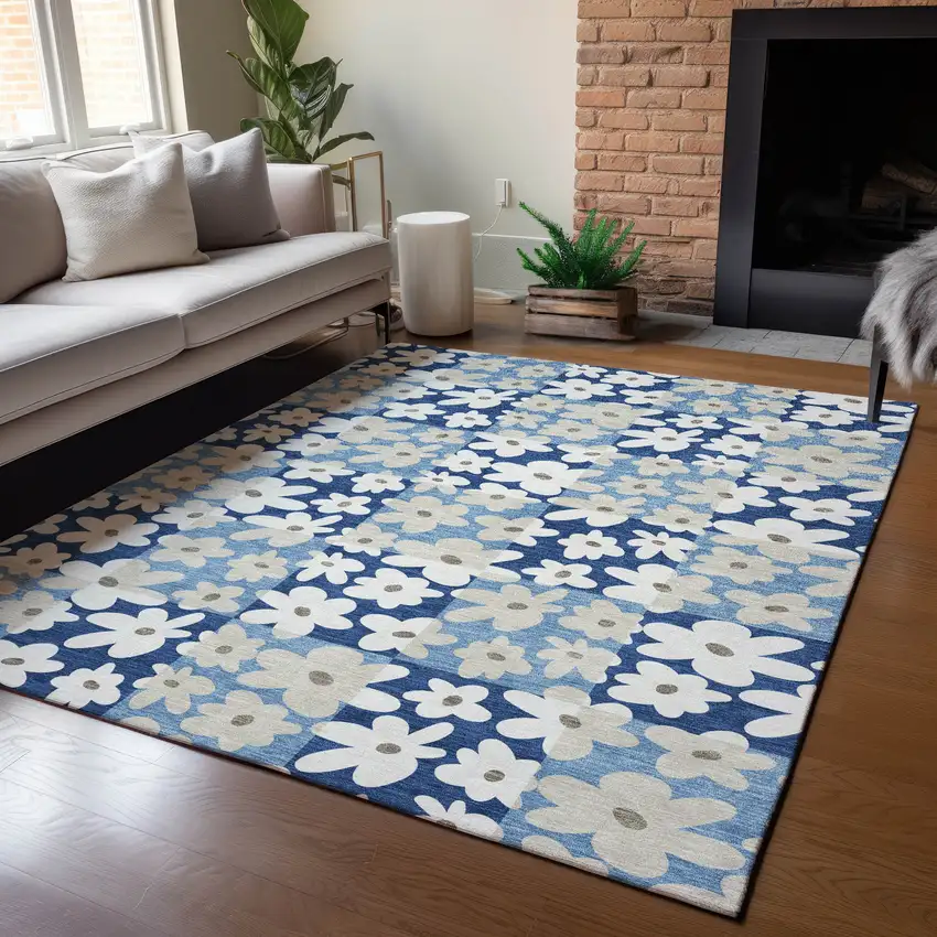 Blue And Navy Blue Floral Washable Indoor Outdoor Area Rug Photo 5