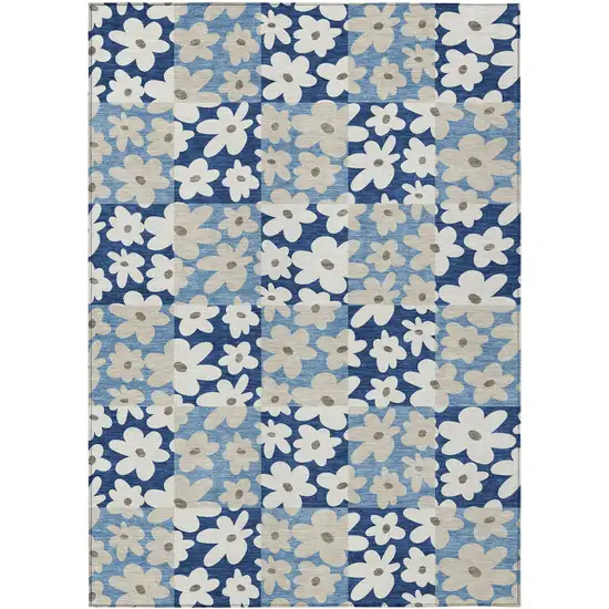 Blue And Navy Blue Floral Washable Indoor Outdoor Area Rug Photo 1