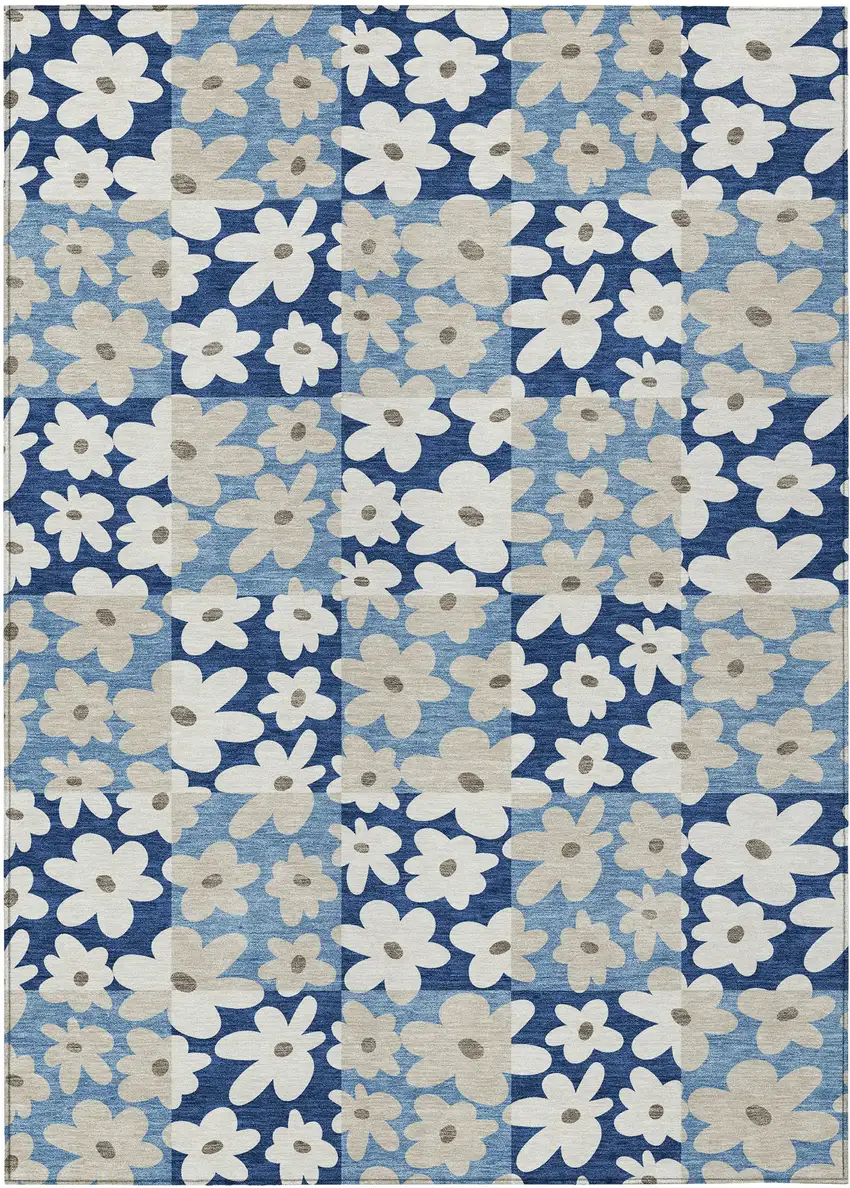 Blue And Navy Blue Floral Washable Indoor Outdoor Area Rug Photo 1