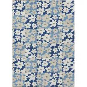 Photo of Blue And Navy Blue Floral Washable Indoor Outdoor Area Rug