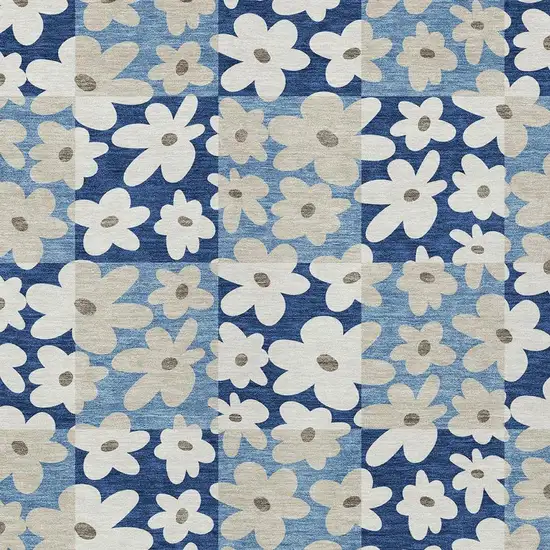 Blue And Navy Blue Floral Washable Indoor Outdoor Area Rug Photo 2