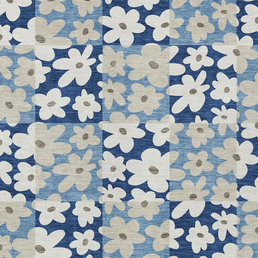Blue And Navy Blue Floral Washable Indoor Outdoor Area Rug Photo 2