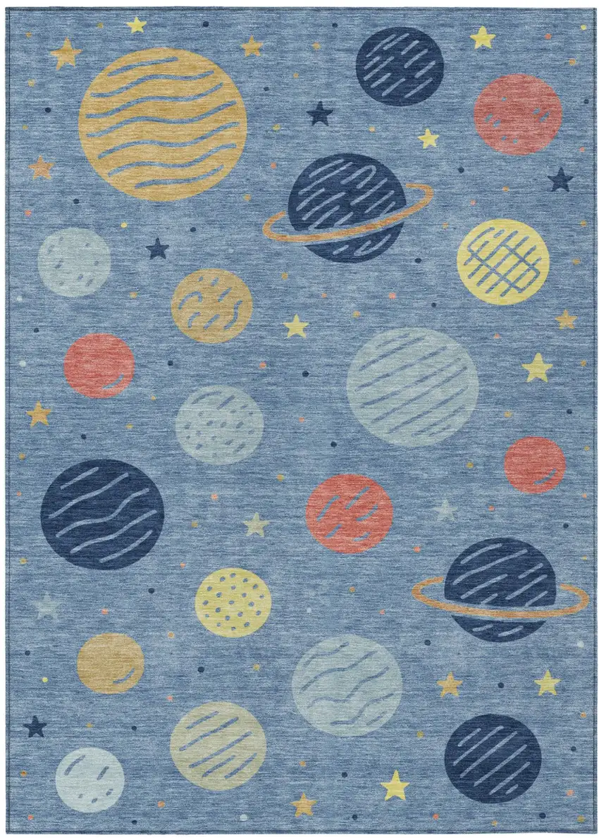 Blue And Navy Blue Floral Washable Indoor Outdoor Area Rug Photo 1