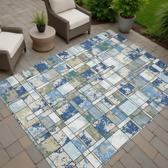 Blue And Navy Blue Geometric Washable Indoor Outdoor Area Rug Photo 7