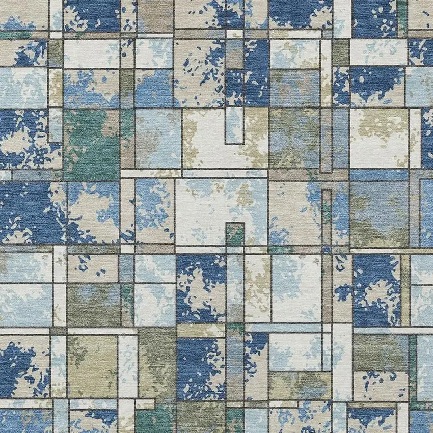 Blue And Navy Blue Geometric Washable Indoor Outdoor Area Rug Photo 2