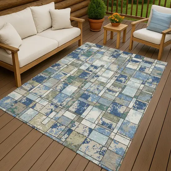 Blue And Navy Blue Geometric Washable Indoor Outdoor Area Rug Photo 4