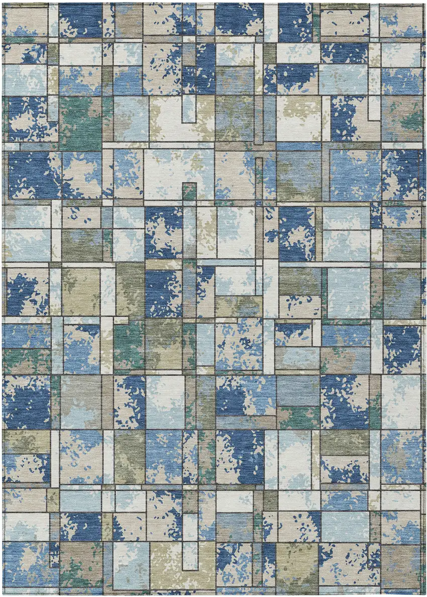 Blue And Navy Blue Geometric Washable Indoor Outdoor Area Rug Photo 1