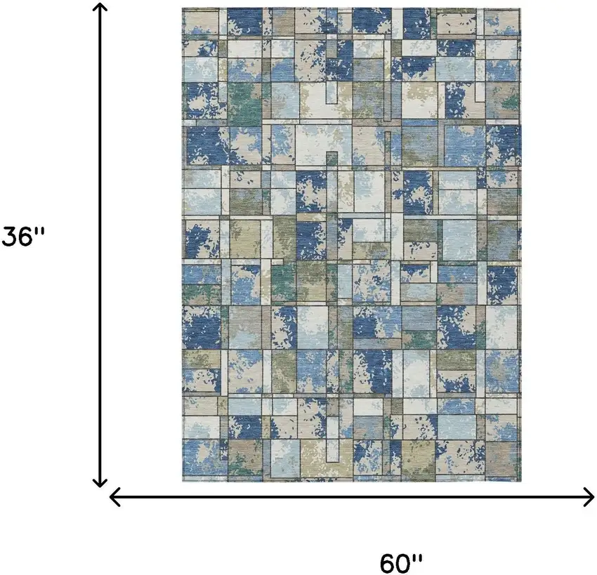 Blue And Navy Blue Geometric Washable Indoor Outdoor Area Rug Photo 6