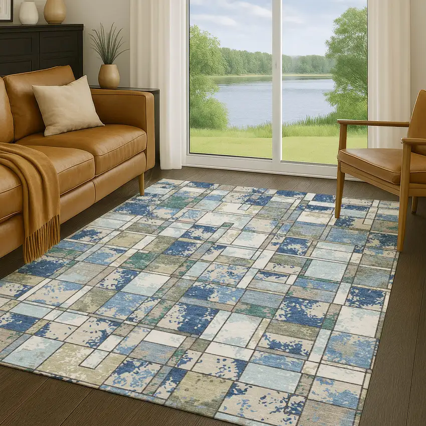 Blue And Navy Blue Geometric Washable Indoor Outdoor Area Rug Photo 5